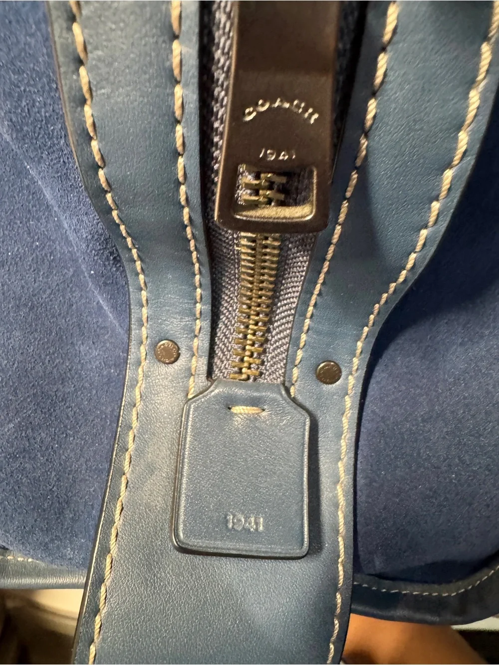Coach Rogue 30 1941 Navy Blue Suede Satchel with Leather Trim